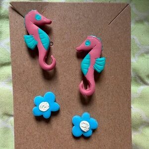 Pink and Blue Seahorse Handmade Polymer Clay Earrings with Flower Studs